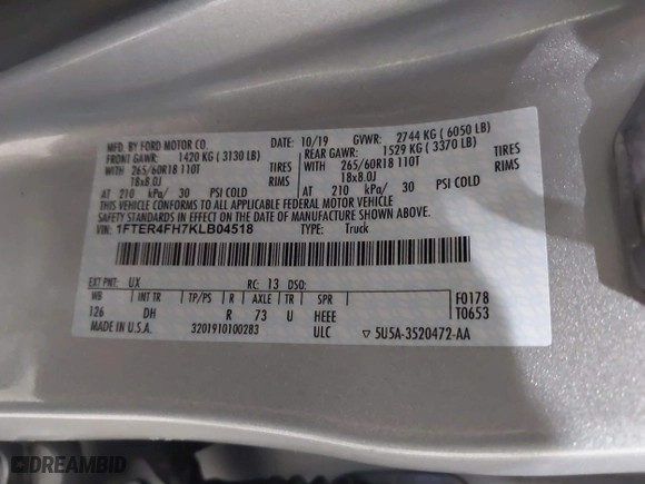 2019 Ford Ranger XL with VIN 1FTER4FH7KLB04518, listed as a IAAI auction lot 41701549 with 38,942 mi miles. Bid and sale history available at carsss.com. Image 9.