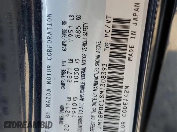 2021 Mazda 3 Preferred with VIN JM1BPBCL8M1308393, listed as a Copart auction lot 74256634 with 28,315 mi miles and Salvage Title. Bid and sale history available at DreamBid. Image 13.