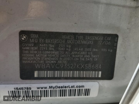 2007 BMW 3 Series 328xi с VIN WBAVC93527KX58684, выставлен на аукционе Copart как лот 62036435 с пробегом 161 910 миль миль и Чистый • Clean title. История ставок и продаж доступна на DreamBid. Изображение 12.
