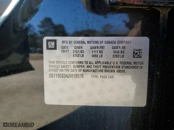2018 Chevrolet Impala LT with VIN 2G1105S34J9118576, listed as a Copart auction lot 41823595 with 120,393 mi miles and Salvage Title. Bid and sale history available at carsss.com. Image 14.