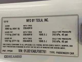 2020 Tesla Model 3 Standard Range Plus with VIN 5YJ3E1EA0LF597761, listed as a IAAI auction lot 41773918 with 89,957 mi miles. Bid and sale history available at carsss.com. Image 9.