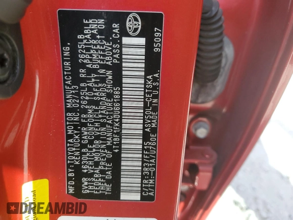 2013 Toyota Camry L with VIN 4T1BF1FK4DU661885, listed as a Copart auction lot 76951474 with 225,189 mi miles and Salvage Title. Bid and sale history available at carsss.com. Image 12.