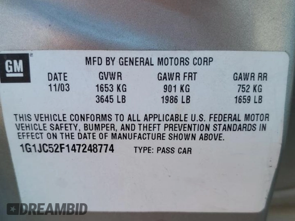 2004 Chevrolet Cavalier with VIN 1G1JC52F147248774, listed as a Copart auction lot 77214634 with 108,137 mi miles and Salvage Title. Bid and sale history available at carsss.com. Image 15.