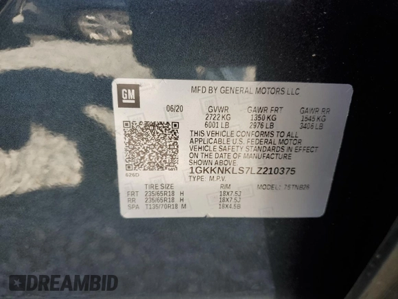 2020 GMC Acadia SLE with VIN 1GKKNKLS7LZ210375, listed as a Copart auction lot 49484575 with 75,281 mi miles and Salvage Title. Bid and sale history available at carsss.com. Image 14.