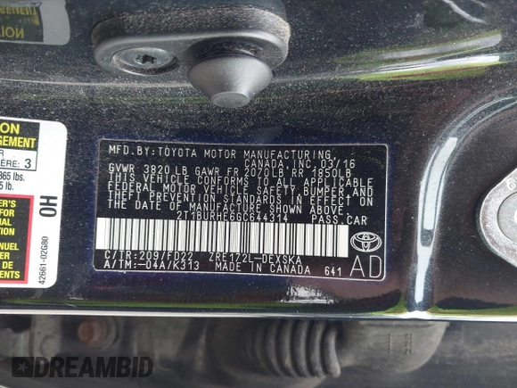 2016 Toyota Corolla L with VIN 2T1BURHE6GC644314, listed as a IAAI auction lot 42005432 with 96,090 mi miles and . Bid and sale history available at DreamBid. Image 9.