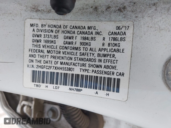 2017 Honda Civic Sedan EX with VIN 2HGFC2F7XHH553801, listed as a IAAI auction lot 41910095 with 104,962 mi miles. Bid and sale history available at carsss.com. Image 9.