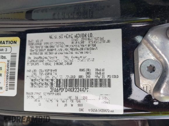 2019 Ford Fusion SEL with VIN 3FA6P0CD4KR224479, listed as a IAAI auction lot 40087591 with 92,833 mi miles. Bid and sale history available at carsss.com. Image 9.
