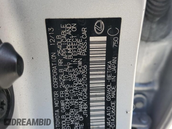 2014 Lexus ES 330 with VIN JTHBK1GG4E2109356, listed as a Copart auction lot 64147095 with 123,102 mi miles and Clean title. Bid and sale history available at DreamBid. Image 12.