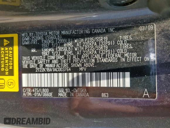 2010 Lexus RX 350 с VIN 2T2ZK1BA1AC003764, выставлен на аукционе Copart как лот 57813225 с пробегом 170 259 миль миль и Списание • Salvage title. История ставок и продаж доступна на DreamBid. Изображение 13.