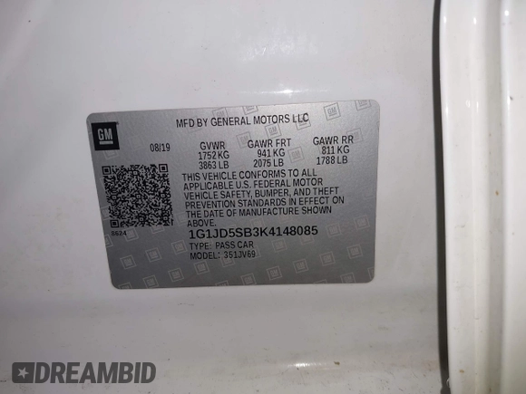 2019 Chevrolet Sonic LT с VIN 1G1JD5SB3K4148085, выставлен на аукционе IAAI как лот 42362745 с пробегом 140 839 миль миль и . История ставок и продаж доступна на DreamBid. Изображение 9.