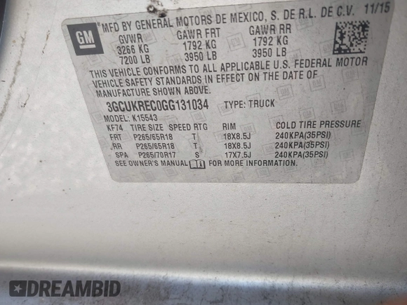 2016 Chevrolet Silverado 1500 LT with VIN 3GCUKREC0GG131034, listed as a IAAI auction lot 41289762 with 176,978 mi miles and . Bid and sale history available at DreamBid. Image 9.