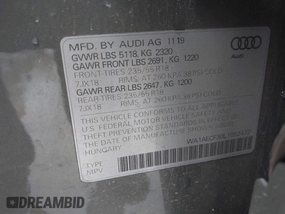 2020 Audi Q3 Premium z VIN WA1AECF30L1052472, wystawiony jako IAAI lot #41886809 z przebiegiem 101 600 mil mil oraz . Historia ofert i sprzedaży dostępna na DreamBid. Obrazek 9.