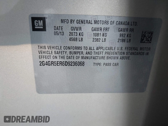 2013 Buick Regal with VIN 2G4GR5ER6D9236068, listed as a IAAI auction lot 41274037 with 73,356 mi miles. Bid and sale history available at carsss.com. Image 9.