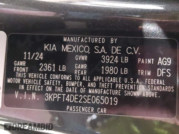 2025 Kia K4 LXS with VIN 3KPFT4DE2SE065019, listed as a IAAI auction lot 42134871 with 6,640 mi miles. Bid and sale history available at carsss.com. Image 9.