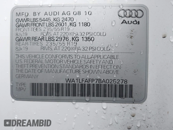 2011 Audi Q5 Premium Plus z VIN WA1LFAFP7BA025278, wystawiony jako IAAI lot #41239111 z przebiegiem 131 207 mil mil oraz . Historia ofert i sprzedaży dostępna na DreamBid. Obrazek 9.