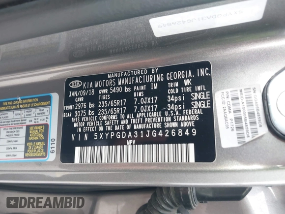 2018 Kia Sorento LX with VIN 5XYPGDA31JG426849, listed as a IAAI auction lot 41019262 with 102,366 mi miles. Bid and sale history available at carsss.com. Image 9.