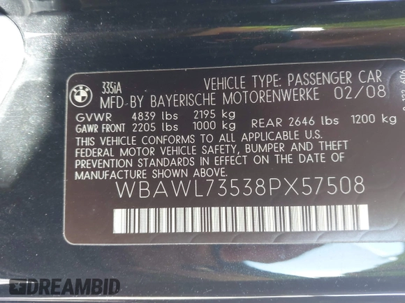 2008 BMW 3 Series 335i with VIN WBAWL73538PX57508, listed as a IAAI auction lot 41345679 with 142,901 mi miles and . Bid and sale history available at carsss.com. Image 9.