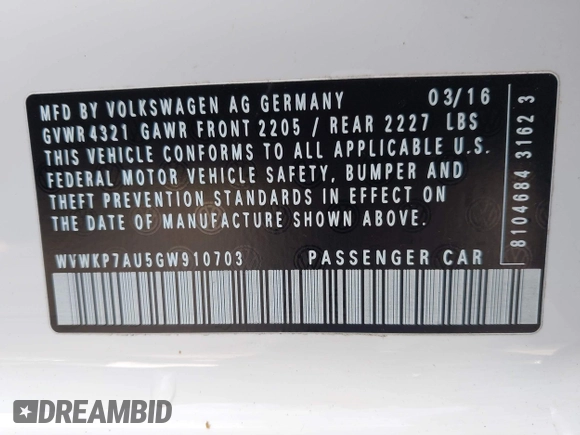 2016 Volkswagen Golf SE z VIN WVWKP7AU5GW910703, wystawiony jako IAAI lot #41871638 z przebiegiem 65 328 mil mil oraz . Historia ofert i sprzedaży dostępna na DreamBid. Obrazek 9.