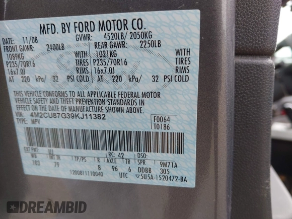 2009 Mercury Mariner Premier с VIN 4M2CU87G39KJ11382, выставлен на аукционе IAAI как лот 42505528 с пробегом 248 146 миль миль и . История ставок и продаж доступна на DreamBid. Изображение 9.