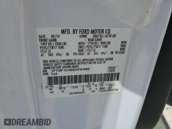 2014 Ford F-150 XL with VIN 1FTMF1CM0EKF61685, listed as a Copart auction lot 54798055 with 210,709 mi miles and Clean Title. Bid and sale history available at carsss.com. Image 12.