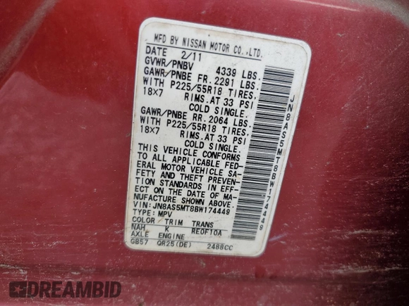 2011 Nissan Rogue SV with VIN JN8AS5MT8BW174449, listed as a Copart auction lot 51054955 with 192,636 mi miles and Salvage Title. Bid and sale history available at carsss.com. Image 13.