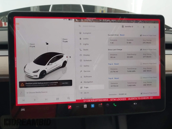 2023 Tesla Model 3 Long Range with VIN 5YJ3E1EB3PF603955, listed as a IAAI auction lot 41915541 with 33,691 mi miles and . Bid and sale history available at DreamBid. Image 7.