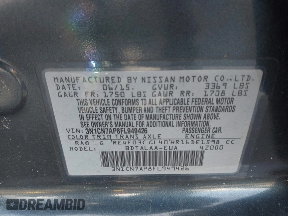 2015 Nissan Versa SV with VIN 3N1CN7AP8FL949426, listed as a IAAI auction lot 41804430 with 146,510 mi miles. Bid and sale history available at carsss.com. Image 9.
