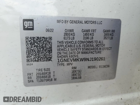 2022 Chevrolet Traverse LT Cloth z VIN 1GNEVMKW9NJ190261, wystawiony jako Copart lot #53342155 z przebiegiem 24 952 mil mil oraz Szkoda całkowita • Salvage title. Historia ofert i sprzedaży dostępna na DreamBid. Obrazek 13.
