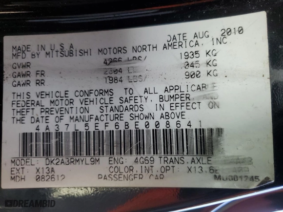 2011 Mitsubishi Eclipse GS Sport with VIN 4A37L5EF6BE008641, listed as a Copart auction lot 53206455 with 91,271 mi miles and Non Repairable. Bid and sale history available at carsss.com. Image 12.