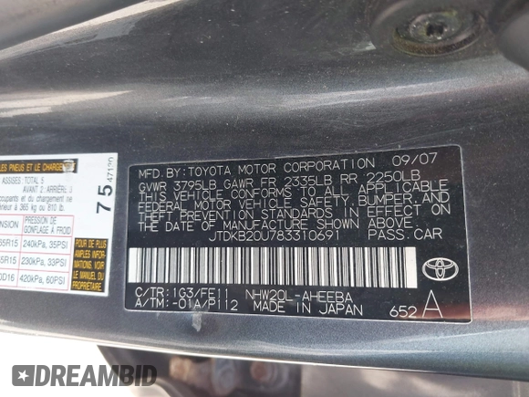 2008 Toyota Prius with VIN JTDKB20U783310691, listed as a IAAI auction lot 42107925 with 173,745 mi miles. Bid and sale history available at carsss.com. Image 9.