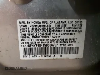 2005 Honda Pilot EX with VIN 5FNYF18415B066757, listed as a Copart auction lot 48412185 with 178,550 mi miles and Salvage Title. Bid and sale history available at DreamBid. Image 16.