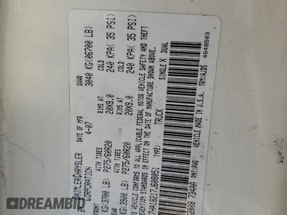 2007 Dodge 1500 SLT with VIN 1D7HA18217J608051, listed as a Copart auction lot 49930785 with Not Provided miles and Salvage Title. Bid and sale history available at DreamBid. Image 14.