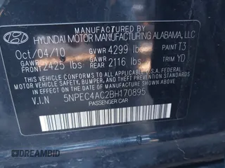 2011 Hyundai Sonata SE with VIN 5NPEC4AC2BH170895, listed as a IAAI auction lot 41359103 with 215,914 mi miles. Bid and sale history available at carsss.com. Image 9.