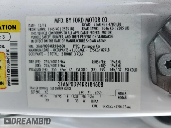 2019 Ford Fusion Titanium with VIN 3FA6P0D94KR184608, listed as a Copart auction lot 48831875 with 124,204 mi miles and Salvage Title. Bid and sale history available at carsss.com. Image 14.