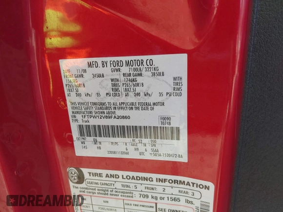 2009 Ford F-150 XL с VIN 1FTPW12V89FA20860, выставлен на аукционе IAAI как лот 41765451 с пробегом 170 850 миль миль и . История ставок и продаж доступна на DreamBid. Изображение 9.