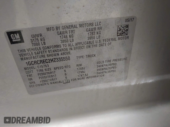 2017 Chevrolet Silverado 1500 LT with VIN 1GCRCREC2HZ335550, listed as a IAAI auction lot 41518117 with 155,694 mi miles and . Bid and sale history available at DreamBid. Image 9.