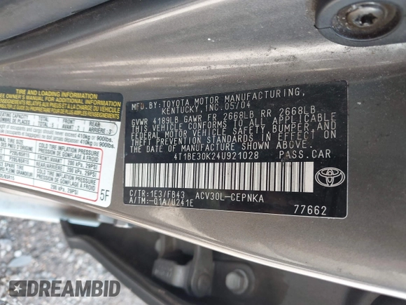 2004 Toyota Camry LE with VIN 4T1BE30K24U921028, listed as a IAAI auction lot 42187174 with 295,174 mi miles and . Bid and sale history available at DreamBid. Image 9.