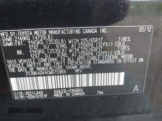 2012 Toyota RAV4 Limited with VIN 2T3DK4DV4CW075969, listed as a IAAI auction lot 42365008 with 192,645 mi miles and . Bid and sale history available at DreamBid. Image 9.