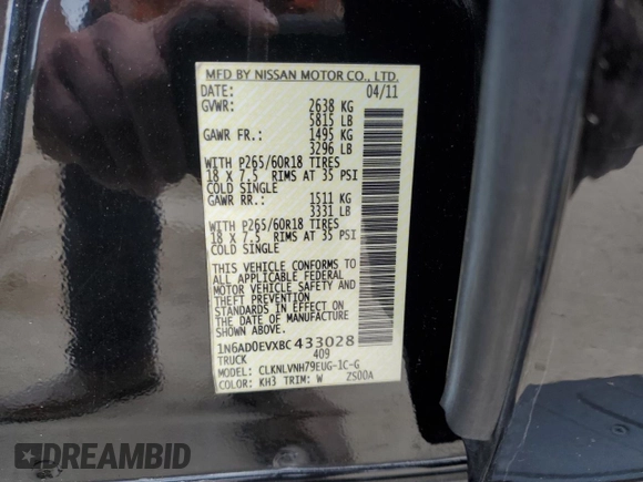 2011 Nissan Frontier Pro-4X with VIN 1N6AD0EVXBC433028, listed as a Copart auction lot 57653305 with 144,753 mi miles and Salvage title. Bid and sale history available at DreamBid. Image 12.