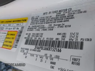 2019 Ford Fusion SE with VIN 3FA6P0LU6KR152166, listed as a IAAI auction lot 42086365 with 158,557 mi miles and . Bid and sale history available at DreamBid. Image 9.