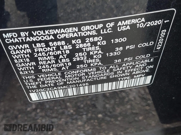 2021 Volkswagen Atlas S with VIN 1V2GC2CA3MC201495, listed as a IAAI auction lot 42044554 with 33,097 mi miles and . Bid and sale history available at DreamBid. Image 9.
