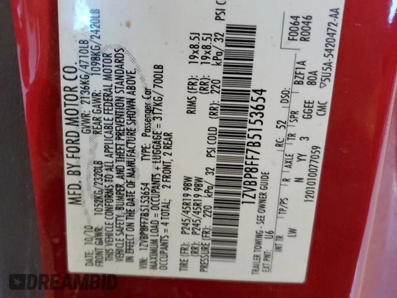 2011 Ford Mustang GT with VIN 1ZVBP8FF7B5153654, listed as a Copart auction lot 81257634 with 48,879 mi miles and Salvage Title. Bid and sale history available at DreamBid. Image 12.