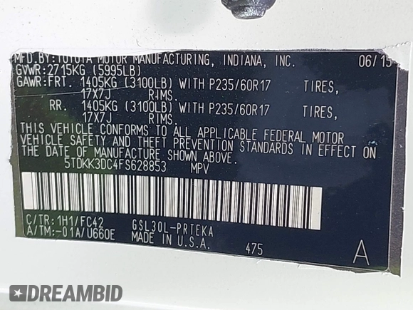 2015 Toyota Sienna LE AAS with VIN 5TDKK3DC4FS628853, listed as a IAAI auction lot 42188704 with 135,340 mi miles and . Bid and sale history available at DreamBid. Image 9.