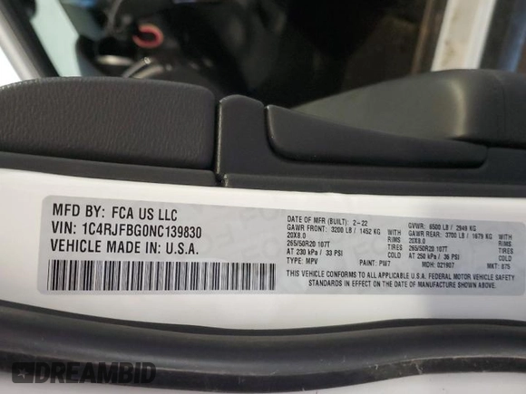 2022 Jeep Grand Cherokee Limited with VIN 1C4RJFBG0NC139830, listed as a Copart auction lot 49553685 with 34,470 mi miles and Salvage title. Bid and sale history available at DreamBid. Image 13.