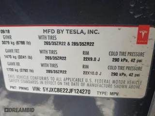 2018 Tesla Model X 75D with VIN 5YJXCBE22JF124270, listed as a IAAI auction lot 41909734 with 92,553 mi miles. Bid and sale history available at carsss.com. Image 9.