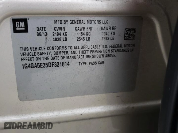 2013 Buick LaCrosse with VIN 1G4GA5E35DF331814, listed as a Copart auction lot 81316694 with 203,544 mi miles and Salvage title. Bid and sale history available at DreamBid. Image 14.