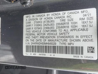 2021 Honda CR-V EX with VIN 2HKRW2H50MH645029, listed as a IAAI auction lot 42358024 with Not provided miles and . Bid and sale history available at DreamBid. Image 9.