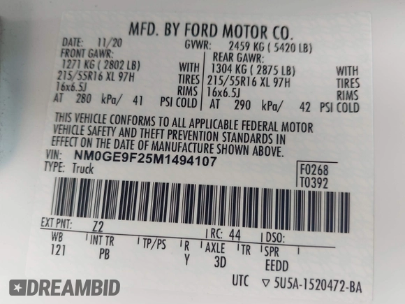 2021 Ford Transit Connect XLT with VIN NM0GE9F25M1494107, listed as a IAAI auction lot 41737018 with 33,512 mi miles and . Bid and sale history available at DreamBid. Image 8.
