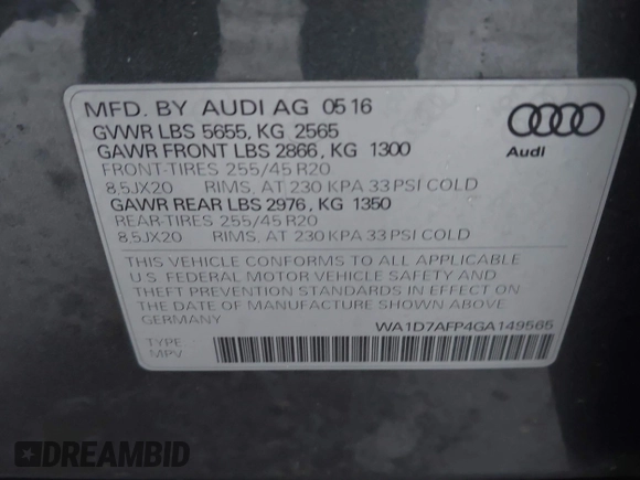 2016 Audi Q5 Premium Plus with VIN WA1D7AFP4GA149565, listed as a IAAI auction lot 41394280 with 81,915 mi miles. Bid and sale history available at carsss.com. Image 9.