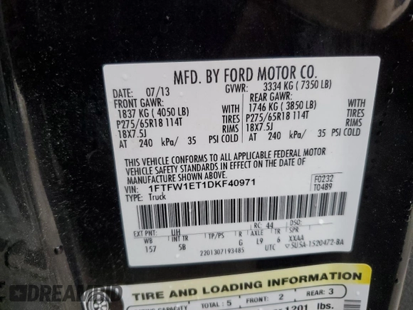 2013 Ford F-150 XL с VIN 1FTFW1ET1DKF40971, выставлен на аукционе Copart как лот 59627475 с пробегом 215 511 миль миль и Чистый • Clean title. История ставок и продаж доступна на DreamBid. Изображение 12.